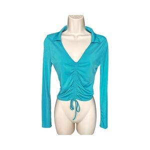 Drawstring Front Long Sleeved Crop Top. Turquoise Blue. Size M